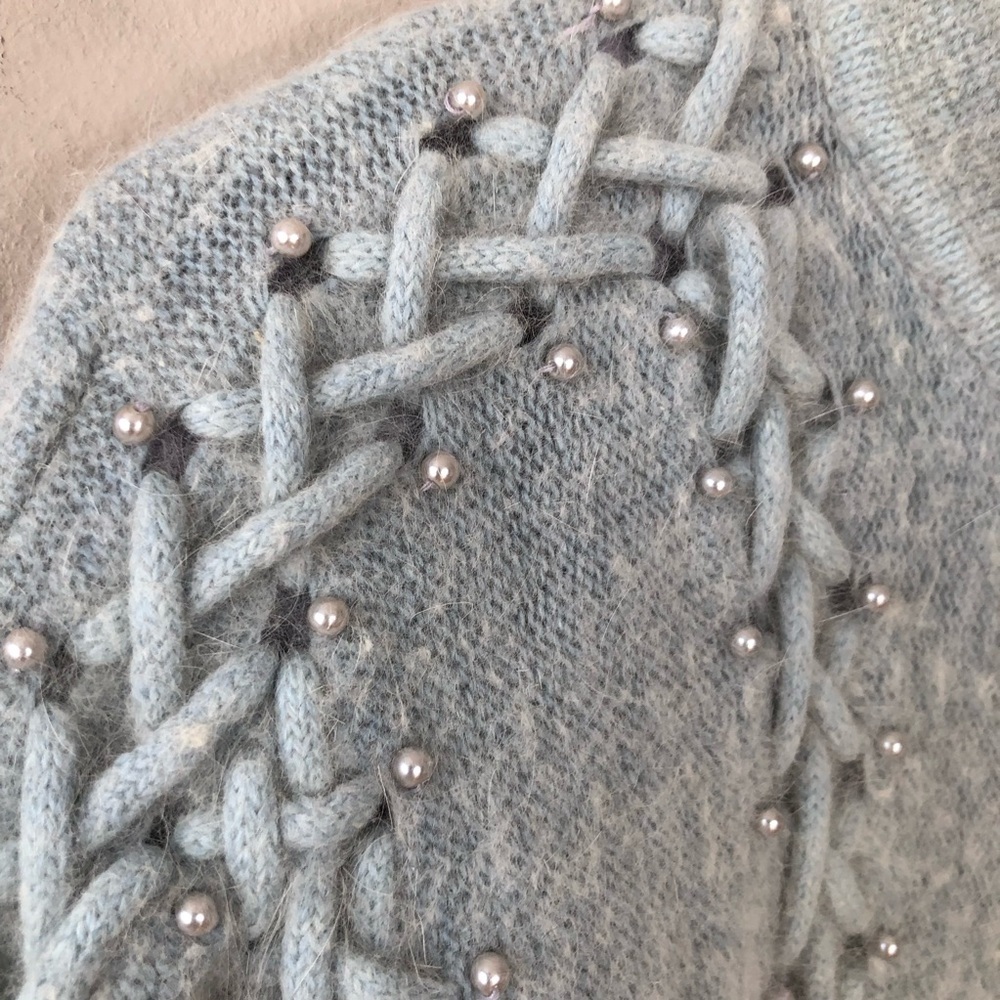 Beautiful Vintage Pastel Blue Pure Angora Fuzzy Pearl Cardigan Sweater Size L - Picture 5 of 12